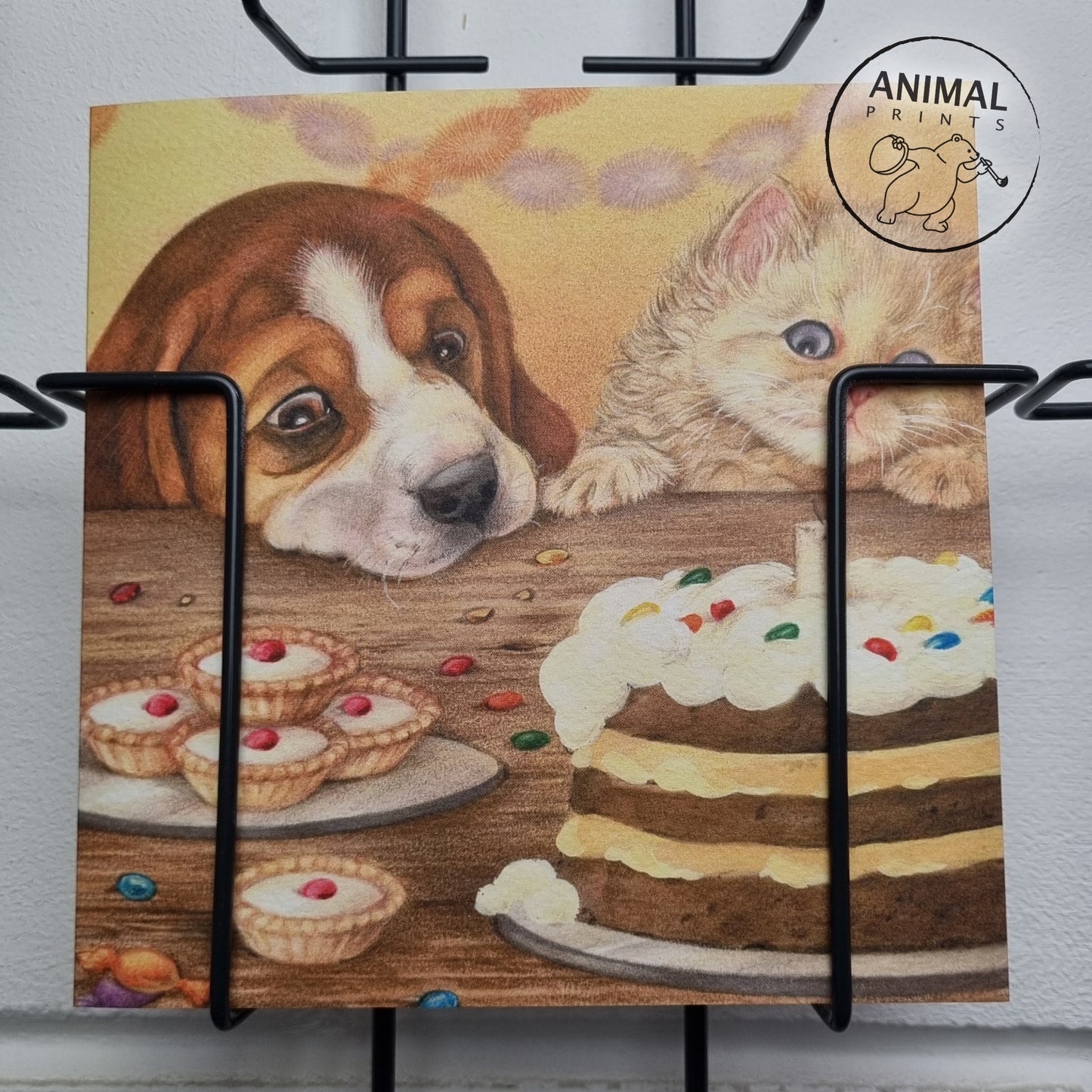 Square card - Beagle and Persian having a piece of cake together