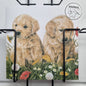 Square card - Putting the flowers outside together. Golden Retriever puppies in the grass