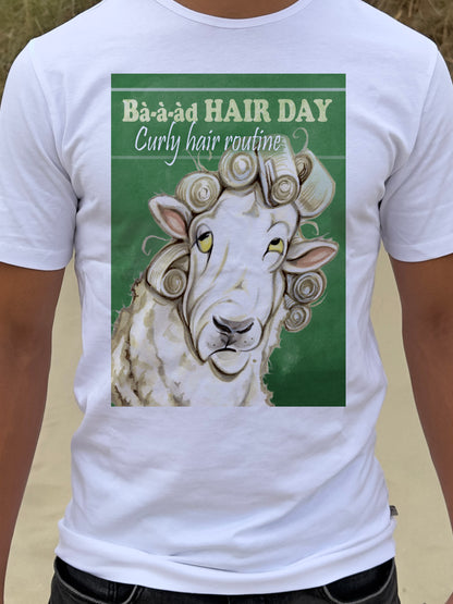 T-Shirt „Bad Hair Day – „Routine für lockiges Haar“.