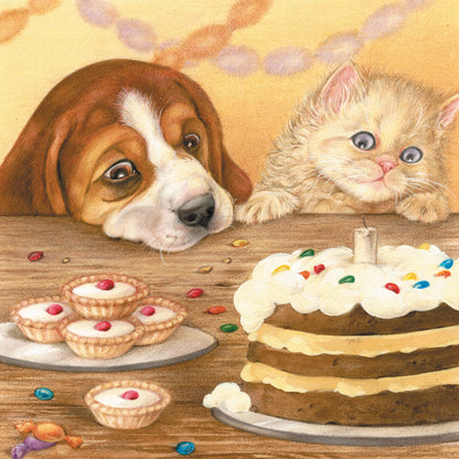 Square card - Beagle and Persian having a piece of cake together