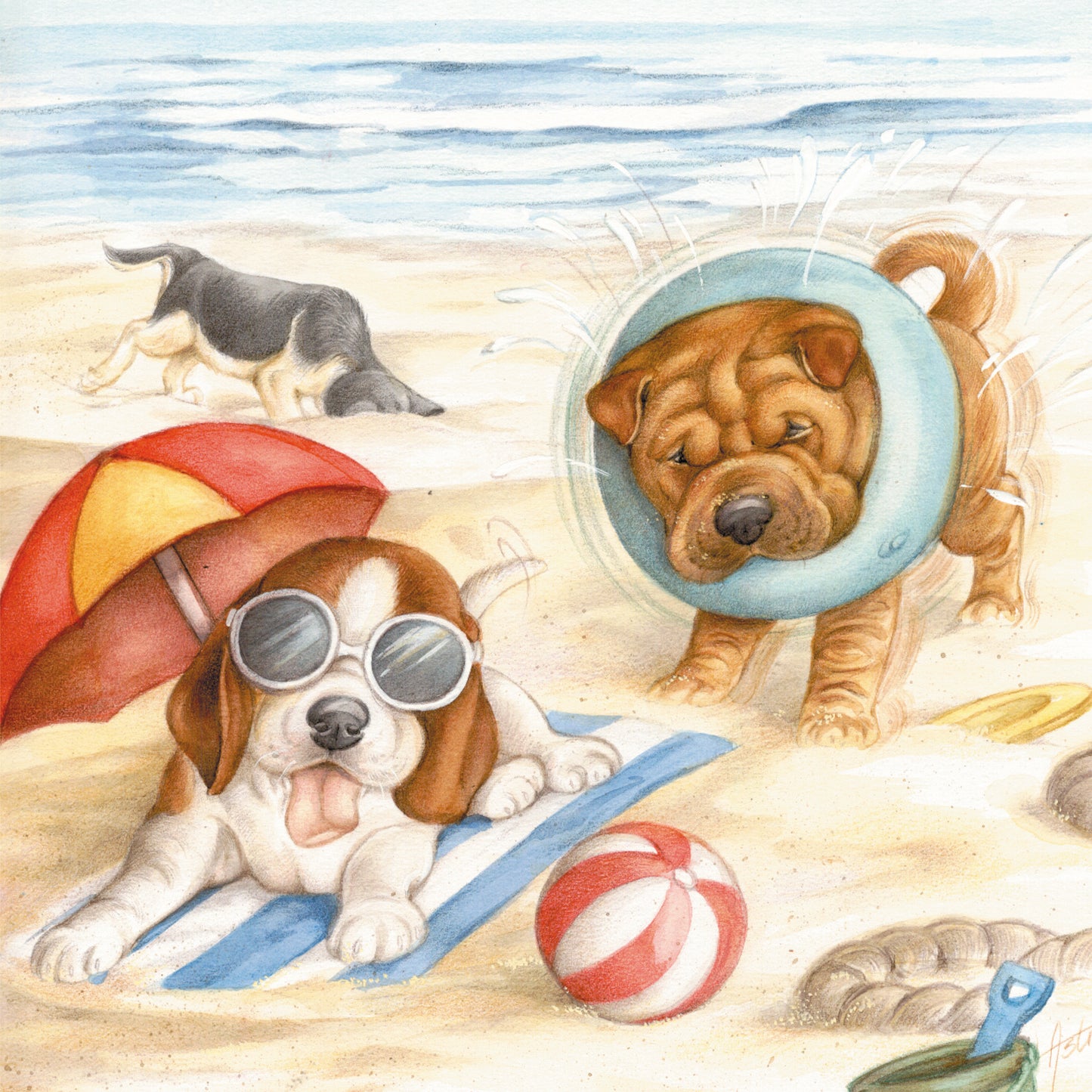Square card - We also like to lie and play on the beach!!