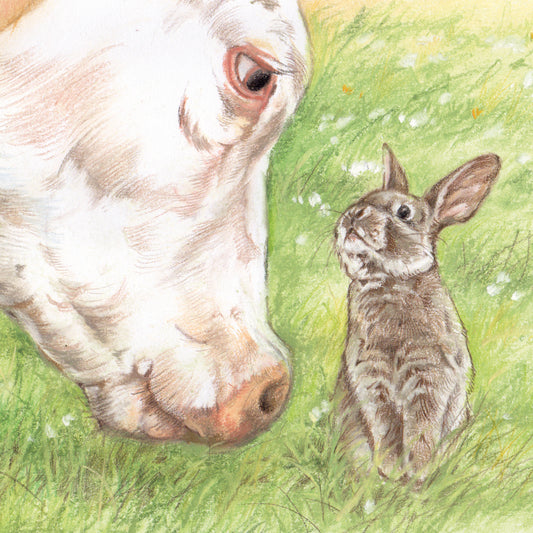 Square card - Cow &amp; Rabbit - Who can eat the most grass...