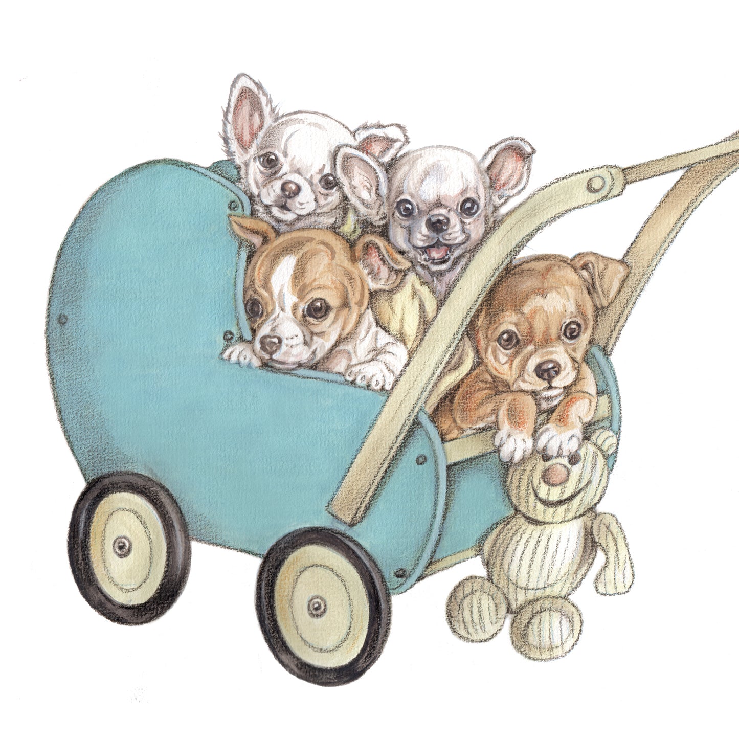 Quadratische Karte - Familie Chihuahua - Kinderwagen