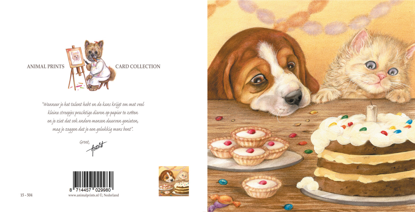 Square card - Beagle and Persian having a piece of cake together