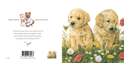 Square card - Putting the flowers outside together. Golden Retriever puppies in the grass